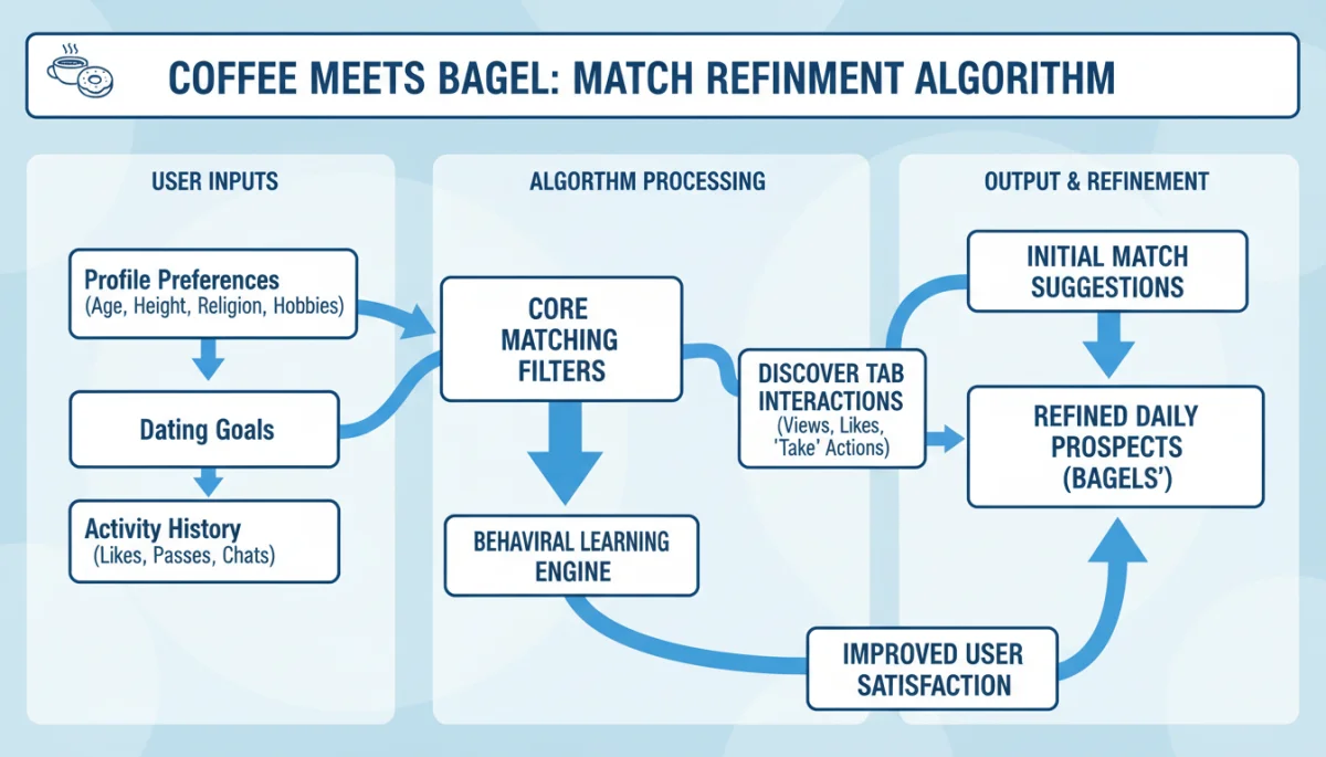 Infographic detailing Coffee Meets Bagel's algorithm for Discover tab match suggestions.