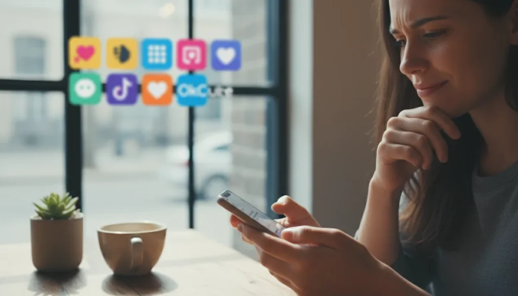 Thoughtful person composing a first message on a dating app