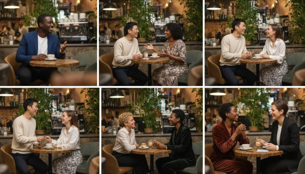 Confident individuals in various stylish first date outfits at a cafe.