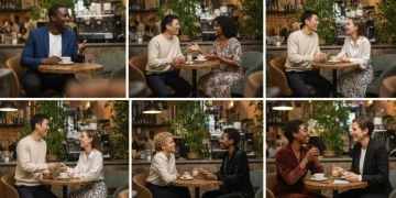 Confident individuals in various stylish first date outfits at a cafe.