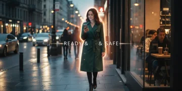 Confident woman entering cafe for a safe first date