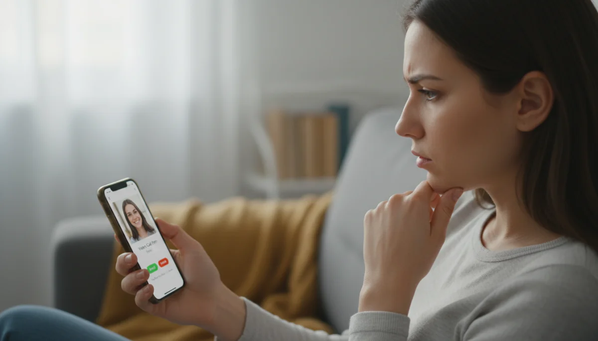Person contemplating a video call invitation, reflecting on pre-date engagement.