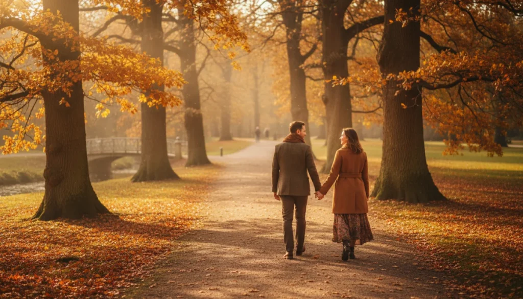 Couple enjoying a slow, romantic walk in a park, embodying deliberate connection in slow dating.