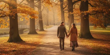 Couple enjoying a slow, romantic walk in a park, embodying deliberate connection in slow dating.
