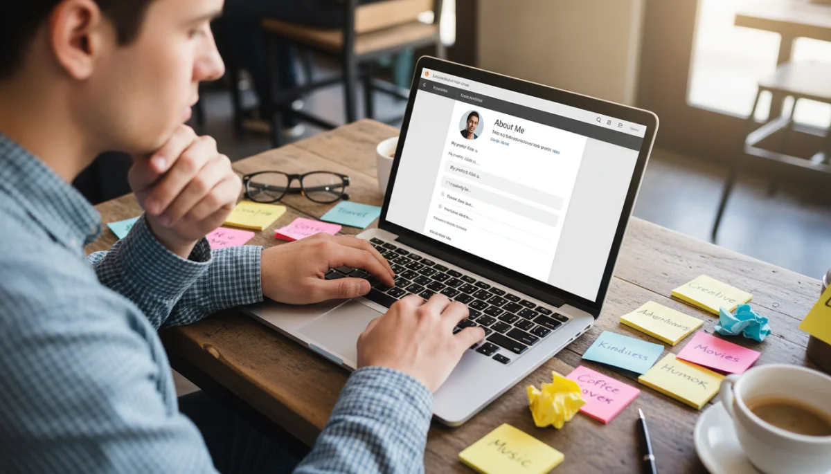 Crafting an engaging dating app bio on a laptop with brainstorming notes.