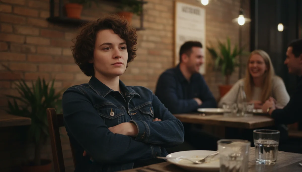 Person with crossed arms, leaning back, showing disengagement.
