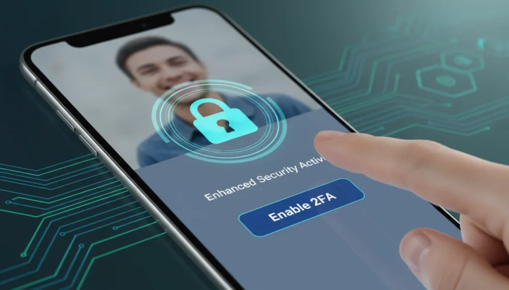 Smartphone screen showing a dating app with 2FA enabled, indicating enhanced security
