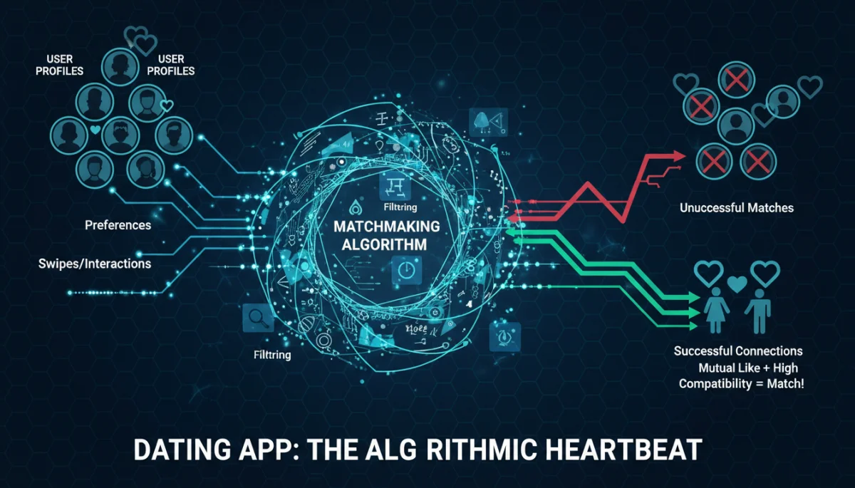 Algorithmic matchmaking process visualization for dating apps.