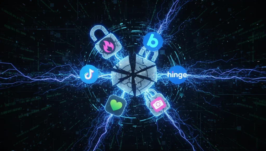Digital illustration showing dating app logos and broken padlocks, representing data breaches.