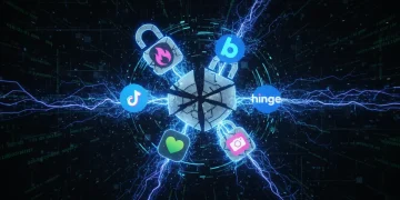 Digital illustration showing dating app logos and broken padlocks, representing data breaches.