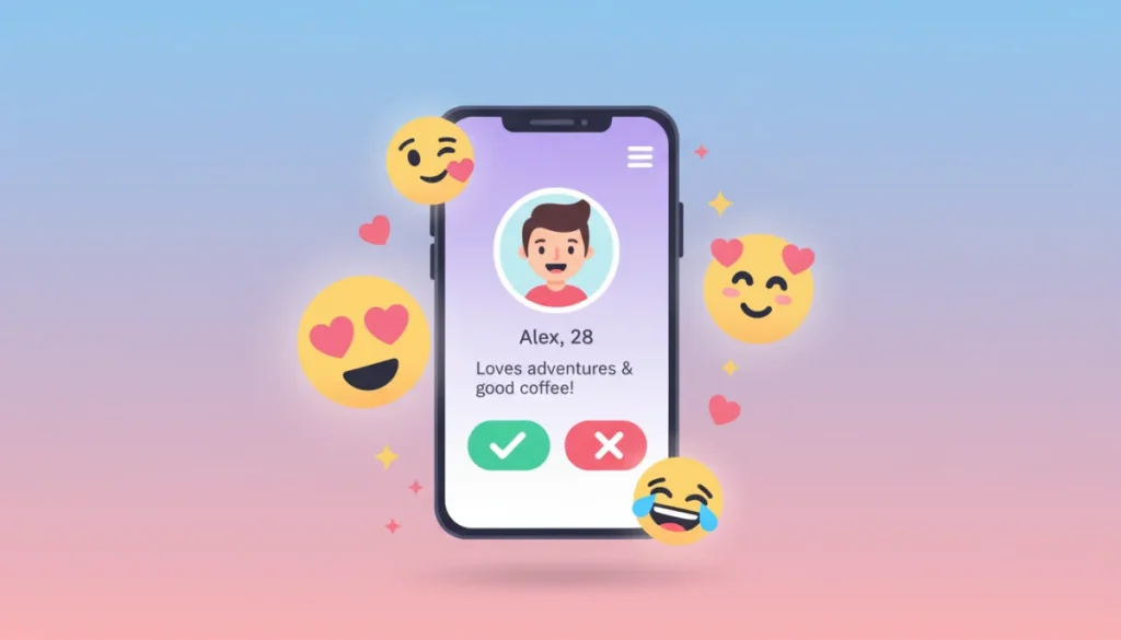 Smartphone screen with dating app and various emojis floating around, symbolizing digital communication.