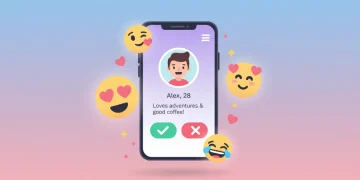 Smartphone screen with dating app and various emojis floating around, symbolizing digital communication.