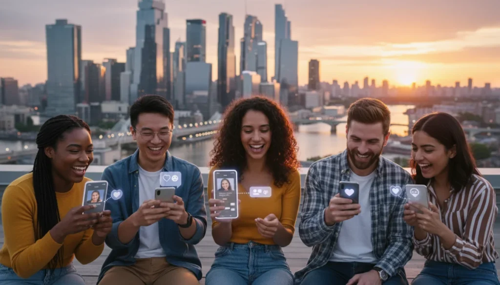 People happily engaging with dating apps on their phones, city backdrop.