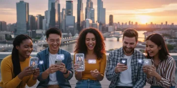 People happily engaging with dating apps on their phones, city backdrop.