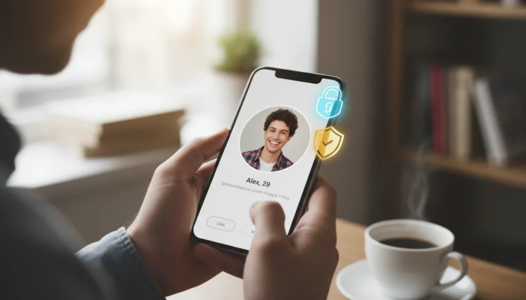 Woman cautiously reviewing dating app profile, identifying potential financial scam red flags.
