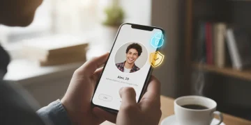 Woman cautiously reviewing dating app profile, identifying potential financial scam red flags.