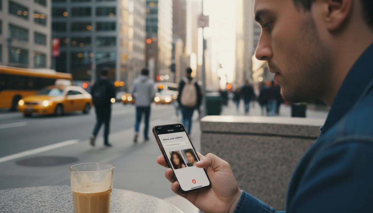 Individual contemplating a dating app message before suggesting an in-person meeting.