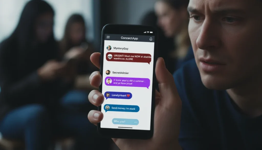 Woman looking cautiously at dating app messages on phone
