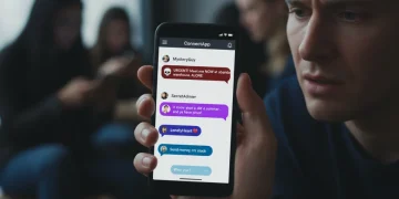 Woman looking cautiously at dating app messages on phone