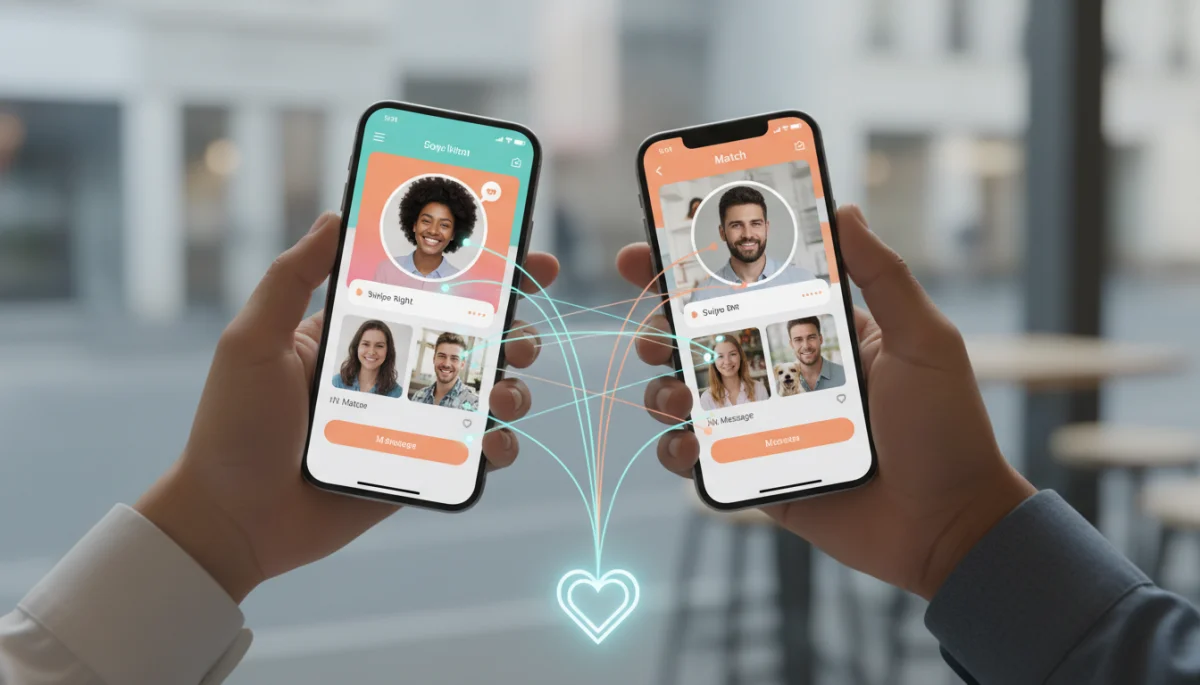 Hands holding phones with dating apps, forming genuine connections