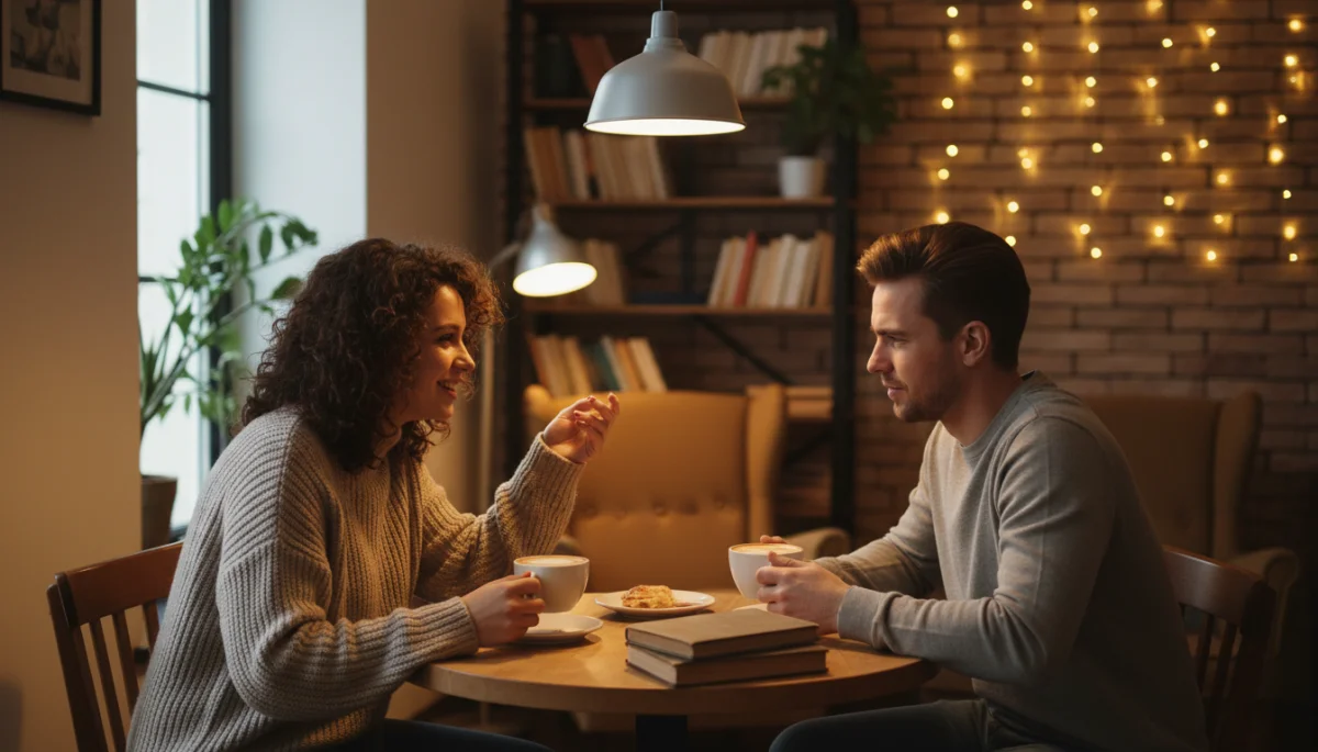 Couple having a heartfelt conversation at a cafe, highlighting genuine connection in slow dating.