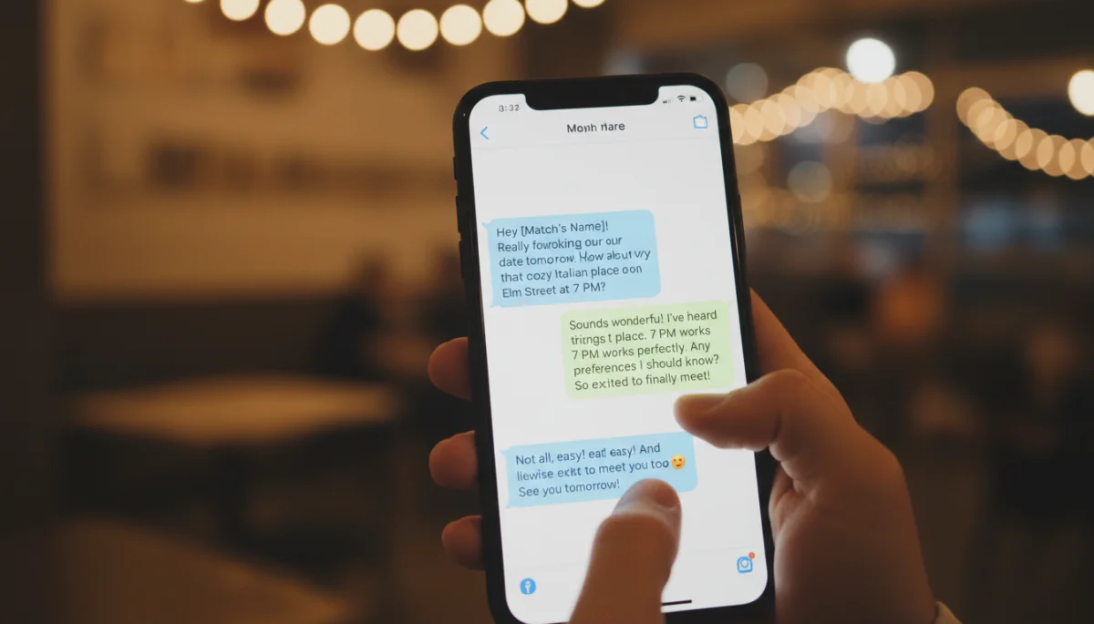 Thoughtful text message exchange on a smartphone before a first date.