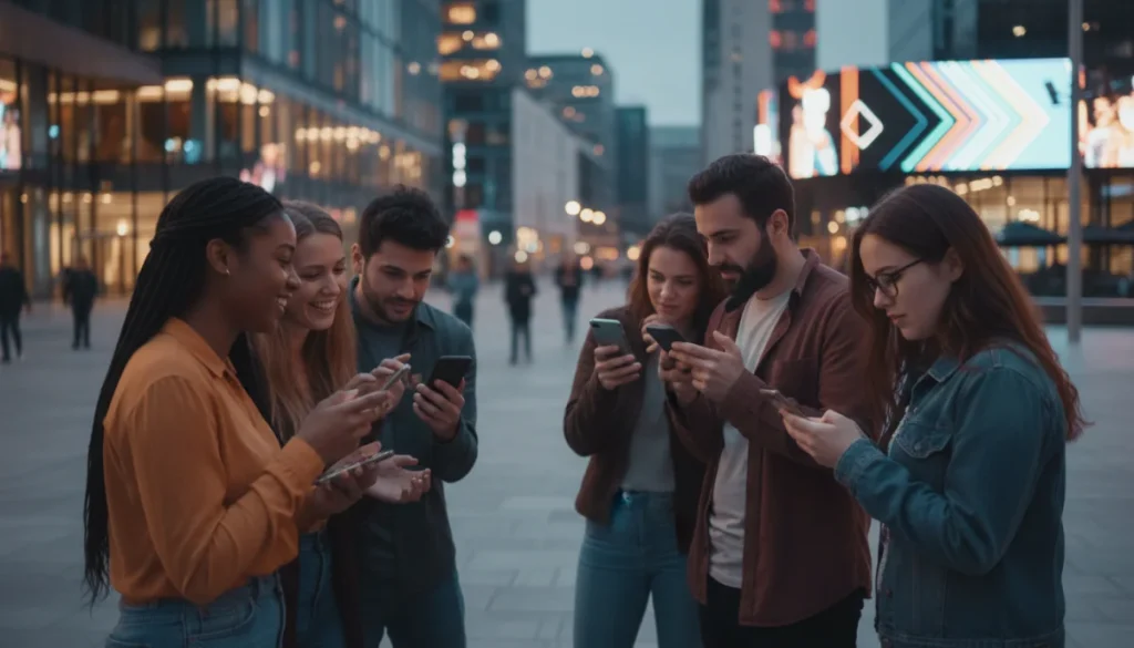 People engaging with dating apps on their smartphones in a city setting.
