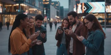 People engaging with dating apps on their smartphones in a city setting.