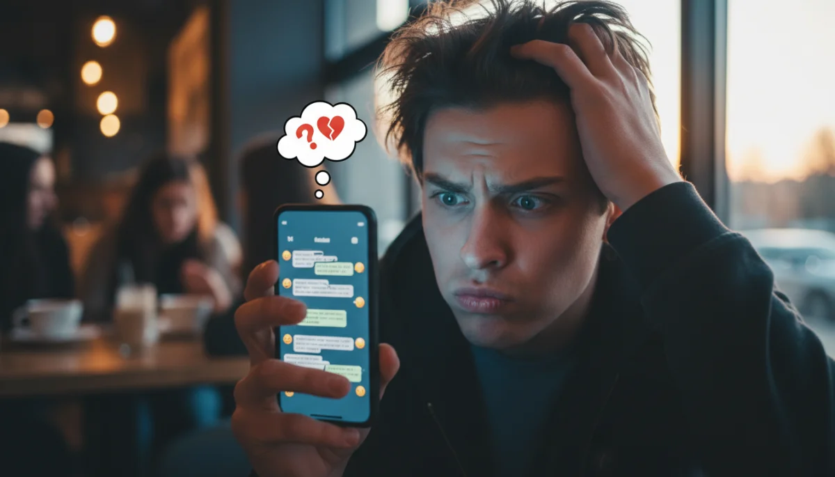 Confused person looking at phone, digital miscommunication