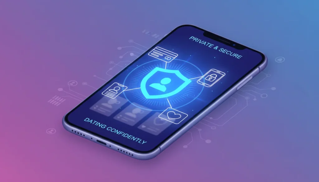 Digital shield protecting personal data on a smartphone, representing online dating identity theft prevention.