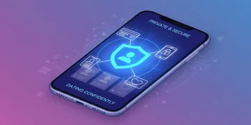 Digital shield protecting personal data on a smartphone, representing online dating identity theft prevention.