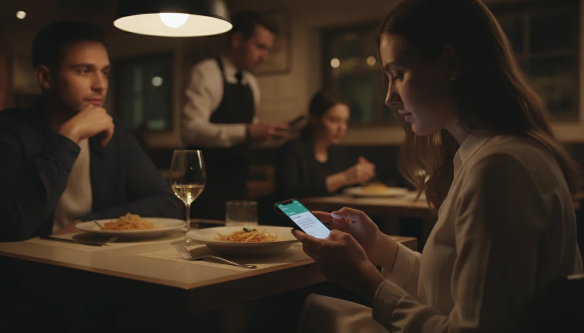 Person discreetly messaging a friend during a date