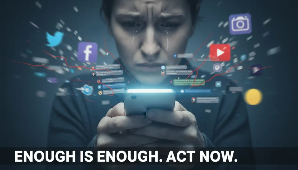 Distressed individual holding smartphone, online harassment, digital safety