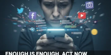 Distressed individual holding smartphone, online harassment, digital safety