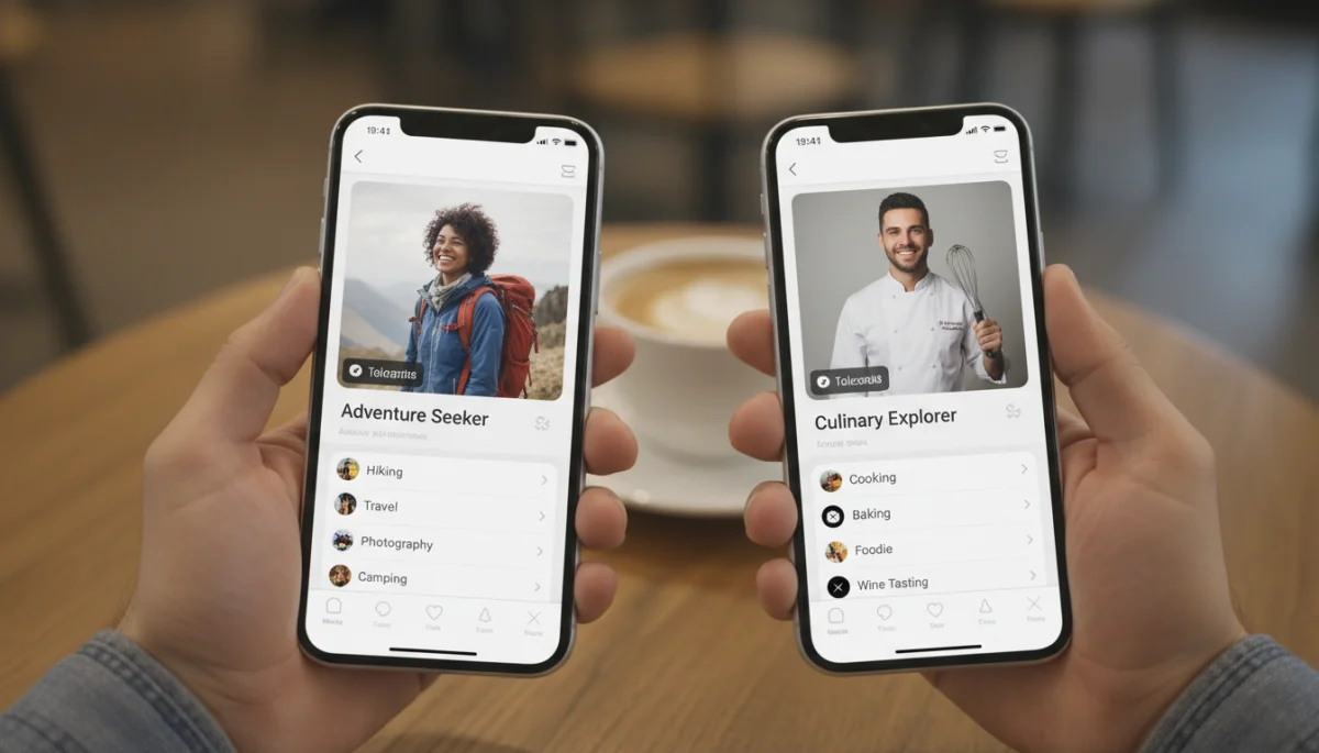 Hands holding smartphones displaying diverse dating app profiles.