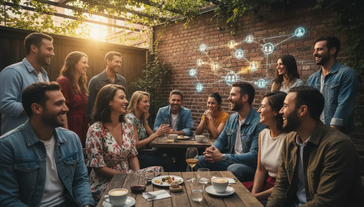Diverse group enjoying social interaction, representing successful connections.