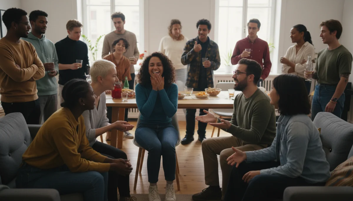 Group of diverse people engaged in social conversation.
