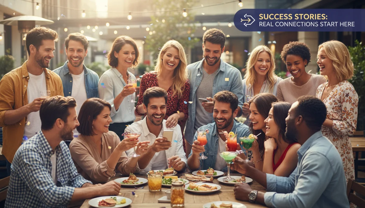 Diverse group of people enjoying social interaction after successful online dating