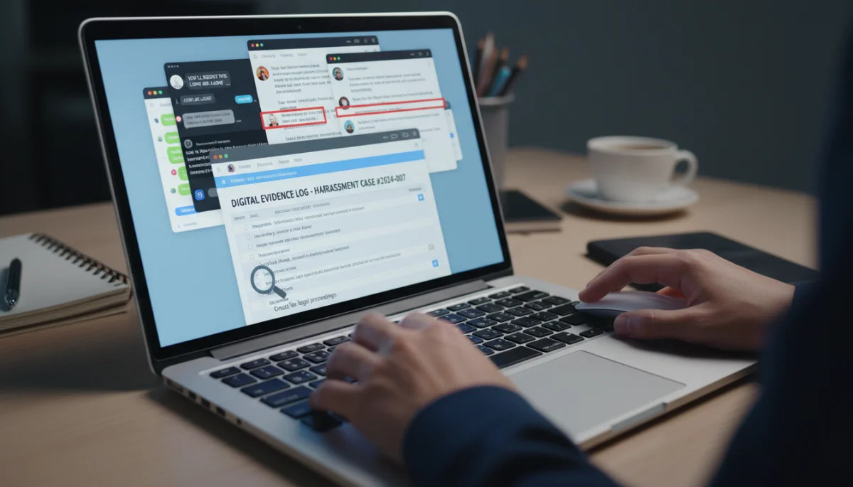 Hand documenting online harassment evidence on laptop