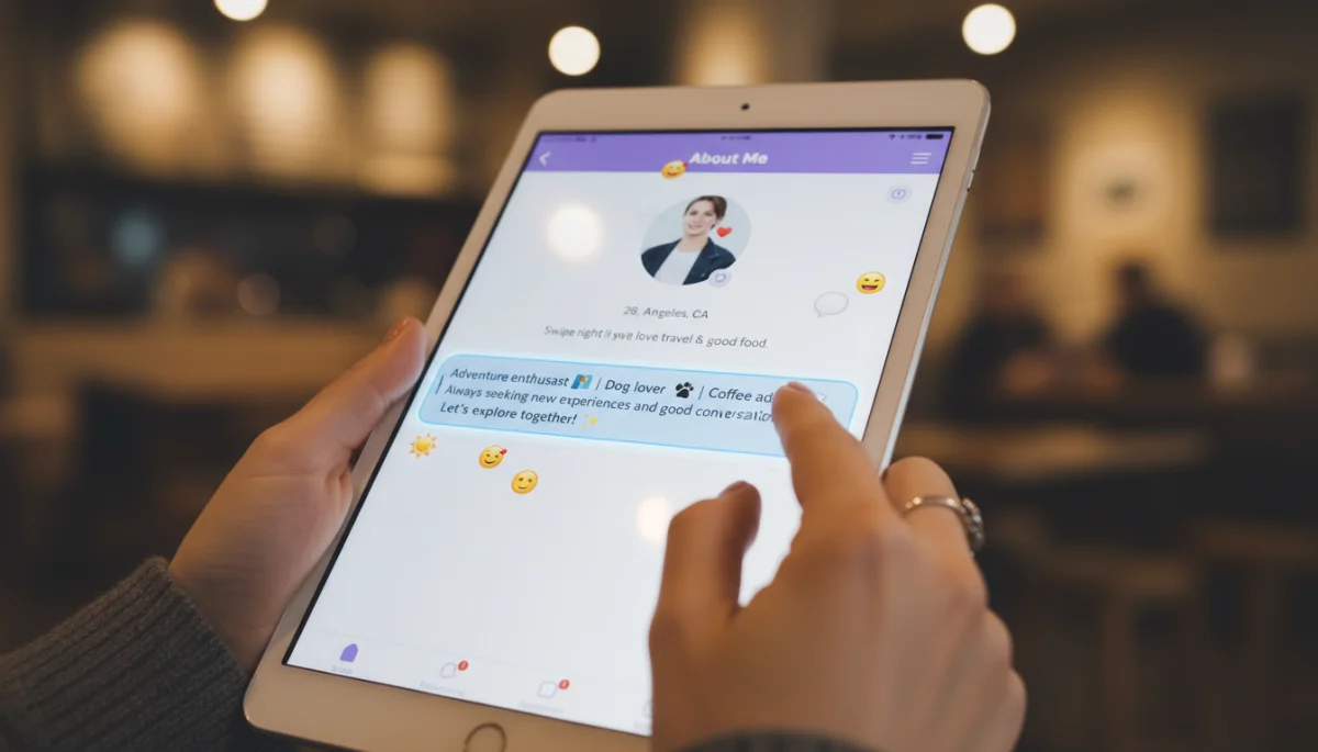 Hand editing a personalized dating app bio on a tablet.