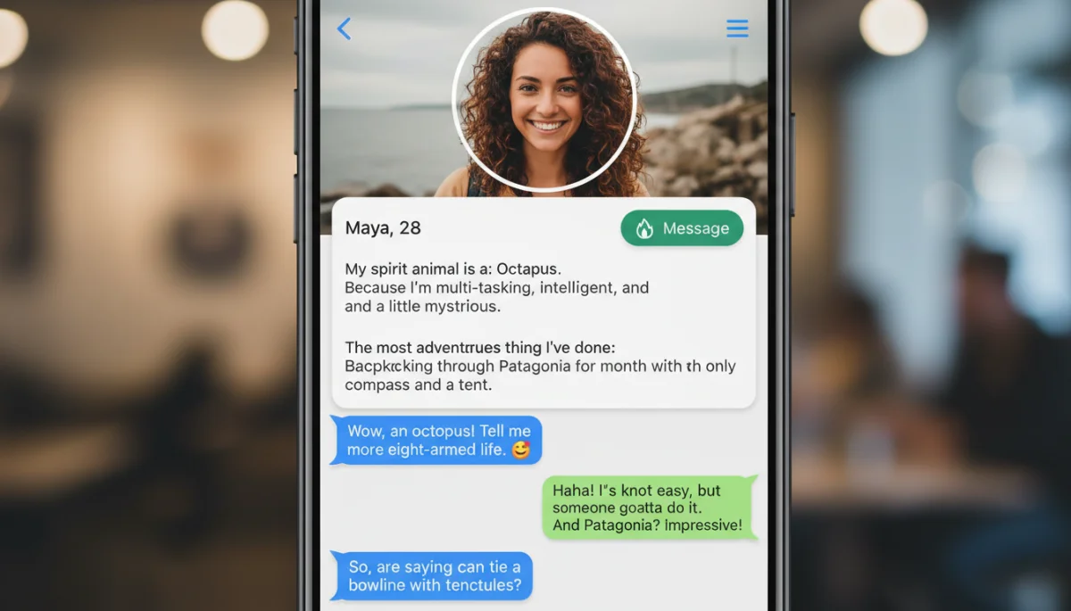 Engaging dating profile with active conversation bubbles.