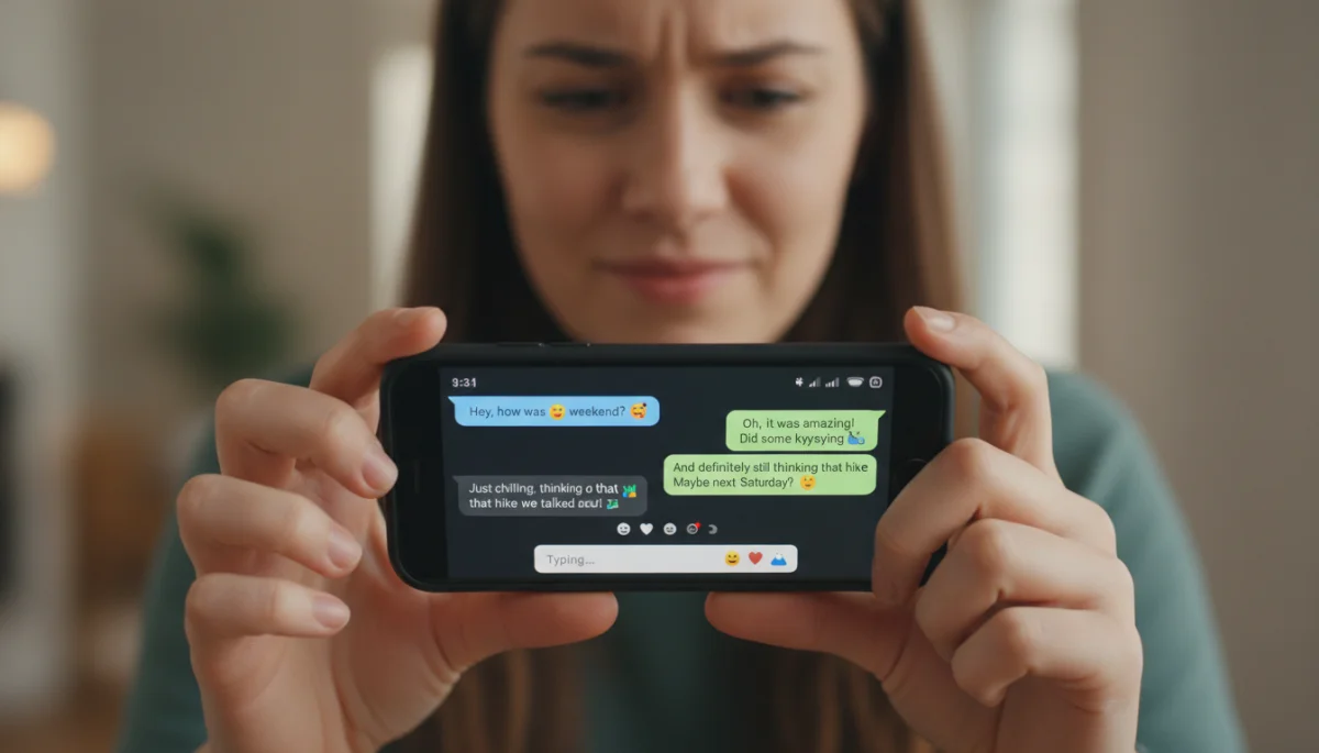 Person's hands using a dating app, with emojis in chat messages.