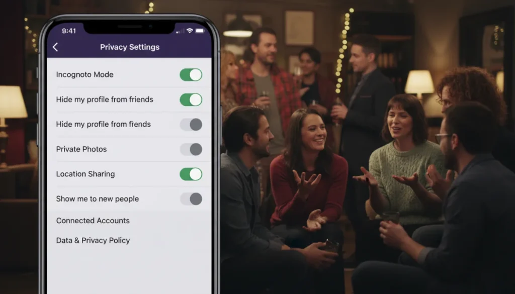 Feeld app privacy settings interface on a smartphone screen, showing options for user control.