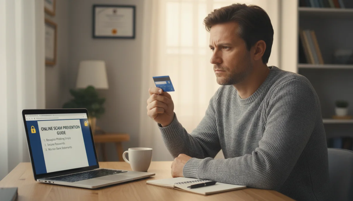 Person contemplating financial security, learning about online scam prevention.
