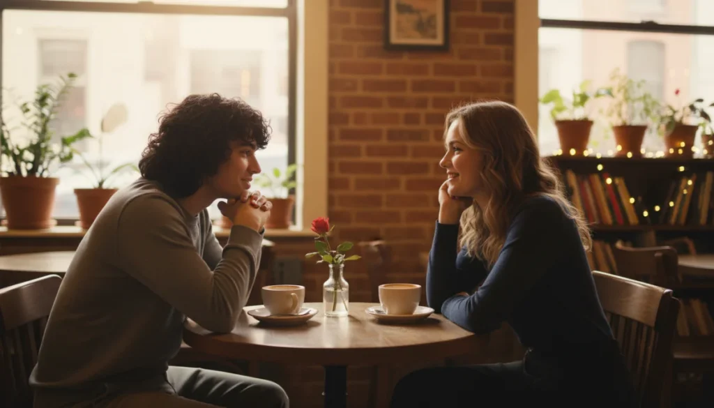 Couple on a first date, subtly mirroring body language, showing engagement.