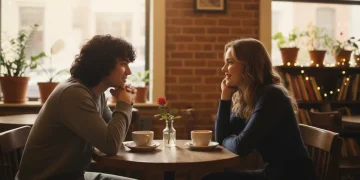 Couple on a first date, subtly mirroring body language, showing engagement.