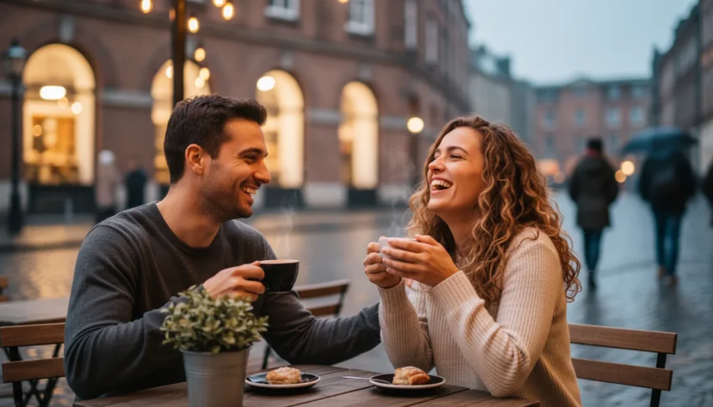 Couple enjoying coffee at a cafe on a first date, relaxed atmosphere