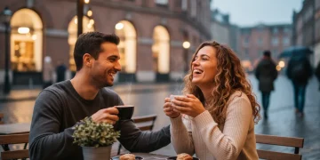 Couple enjoying coffee at a cafe on a first date, relaxed atmosphere