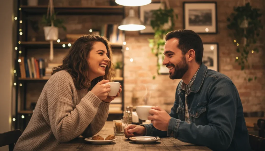 Couple laughing comfortably during a first date coffee meeting.
