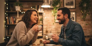 Couple laughing comfortably during a first date coffee meeting.
